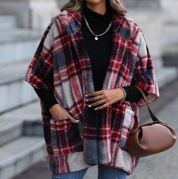 💥Plaid Open Front Hooded Poncho Cape Fleece Jacket - Picture 2 of 5